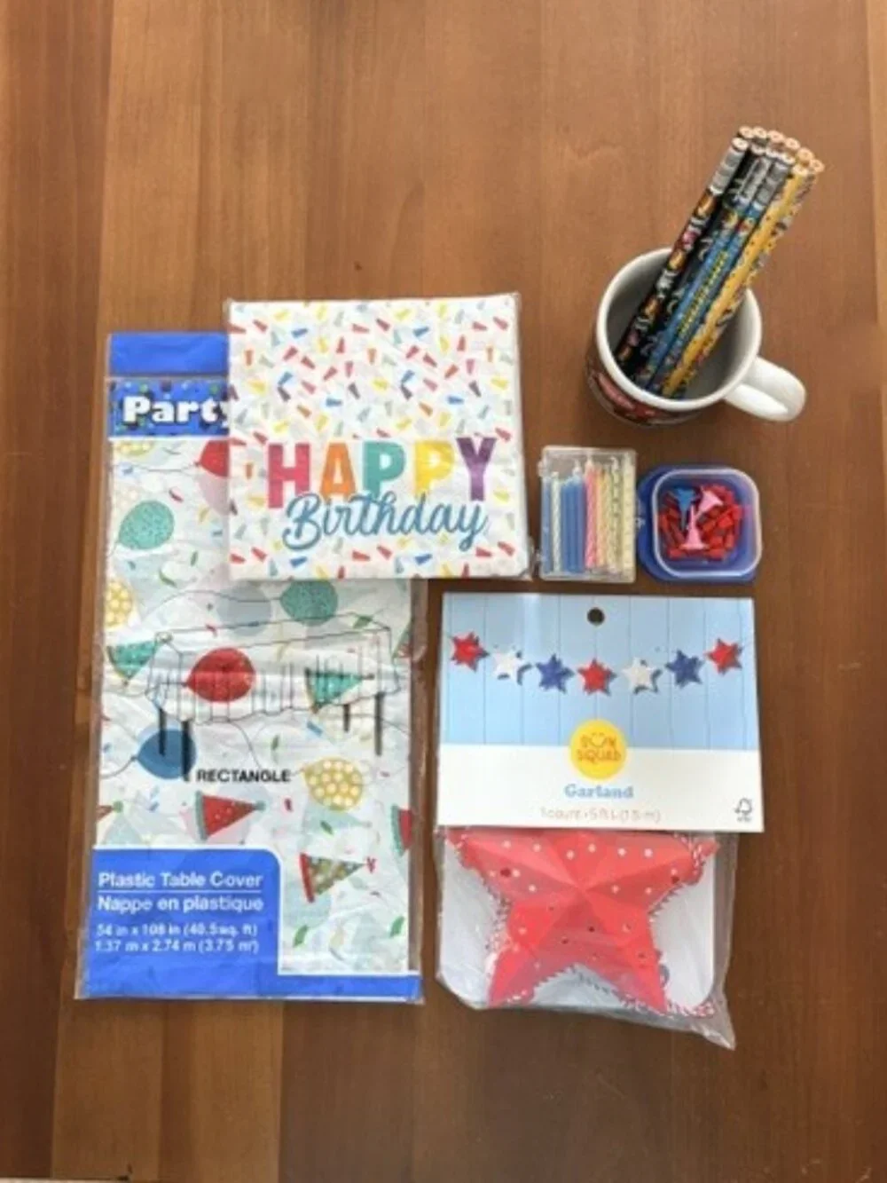 Birthday Party Supplies - Tablecover, Napkins, Candles, Coffee Mug, and More